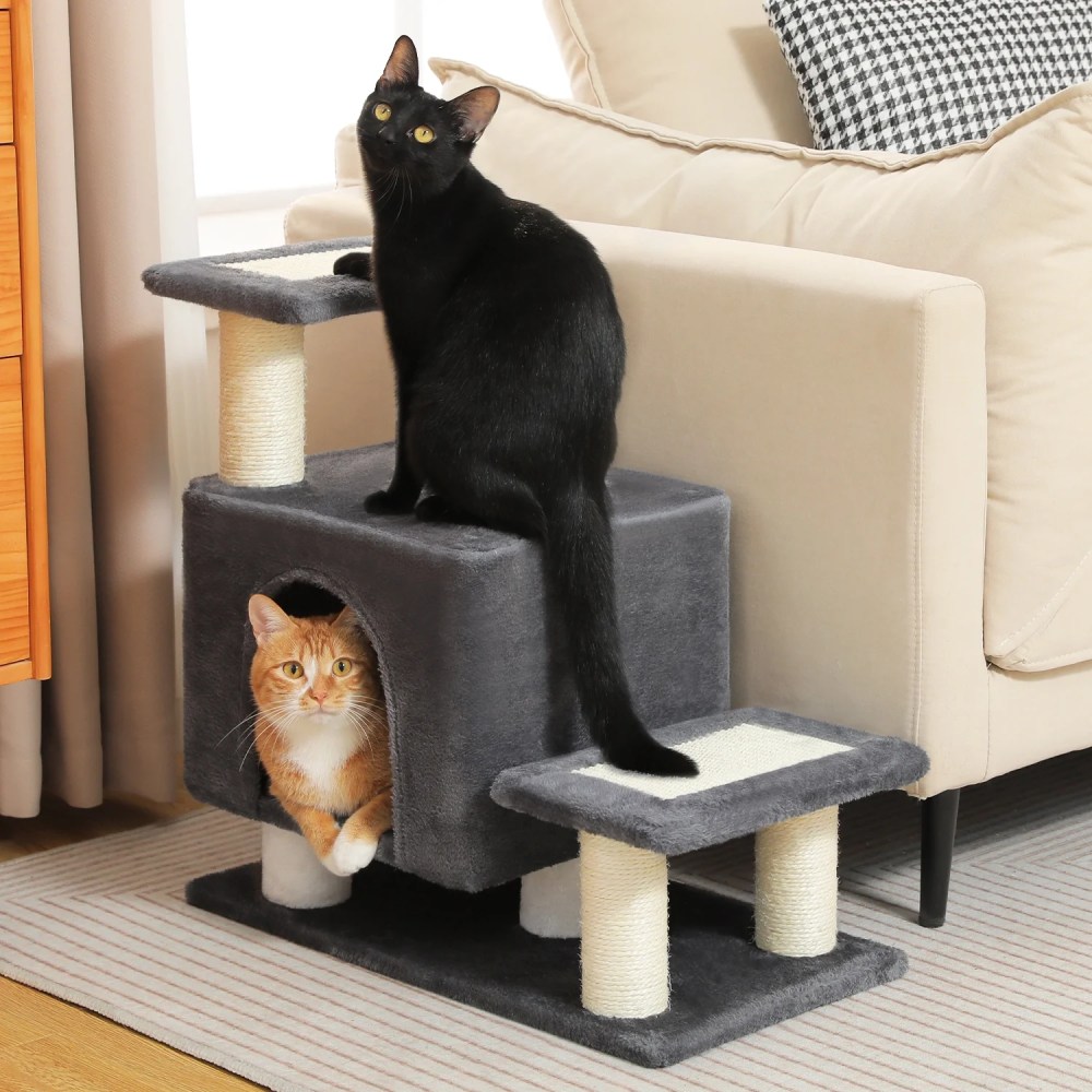 Pefilos 21" Cat Tree Tower with Scratching Post, 3-Step Pet Dog Stairs with Cat Condo for Small Dog, Gray - Image 10