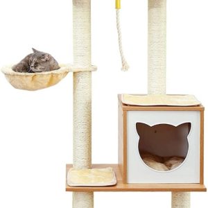 65" Tall Wood Condo Cat Tree Tower with Hammock,  Scratching Post and Removable Pads