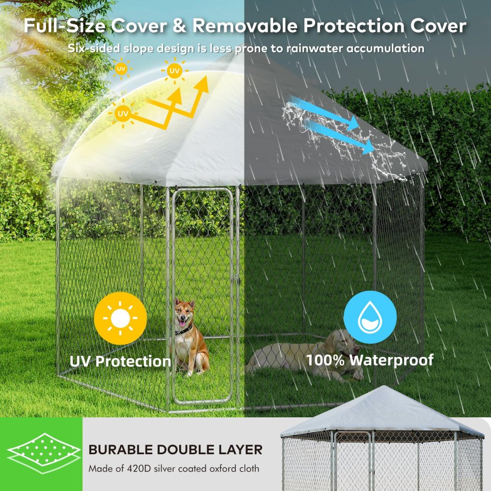 TIME RAY 6.86.8 ft Outdoor Dog Kennel, Dog Kennel Outdoor with Waterproof Cover and Security Lock, Galvanized Hexagonal Dog Cage for Large Dogs - Image 6