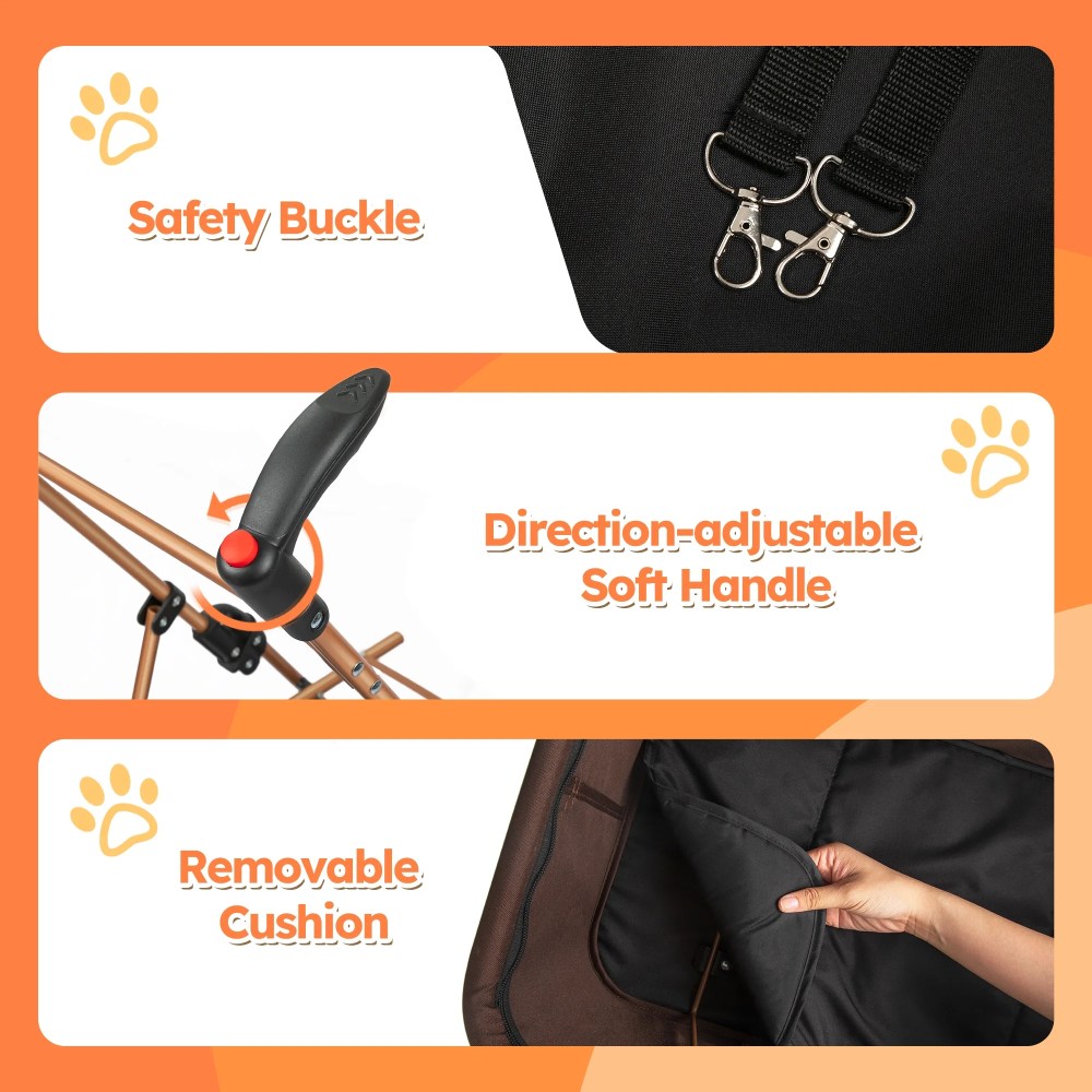 Monasem 3-in-1 Pet Stroller, Foldable 4-Wheel Cat & Dog Stroller with Detachable Carrier, Canopy and Storage Basket, up to 60lbs, Brown - Image 2