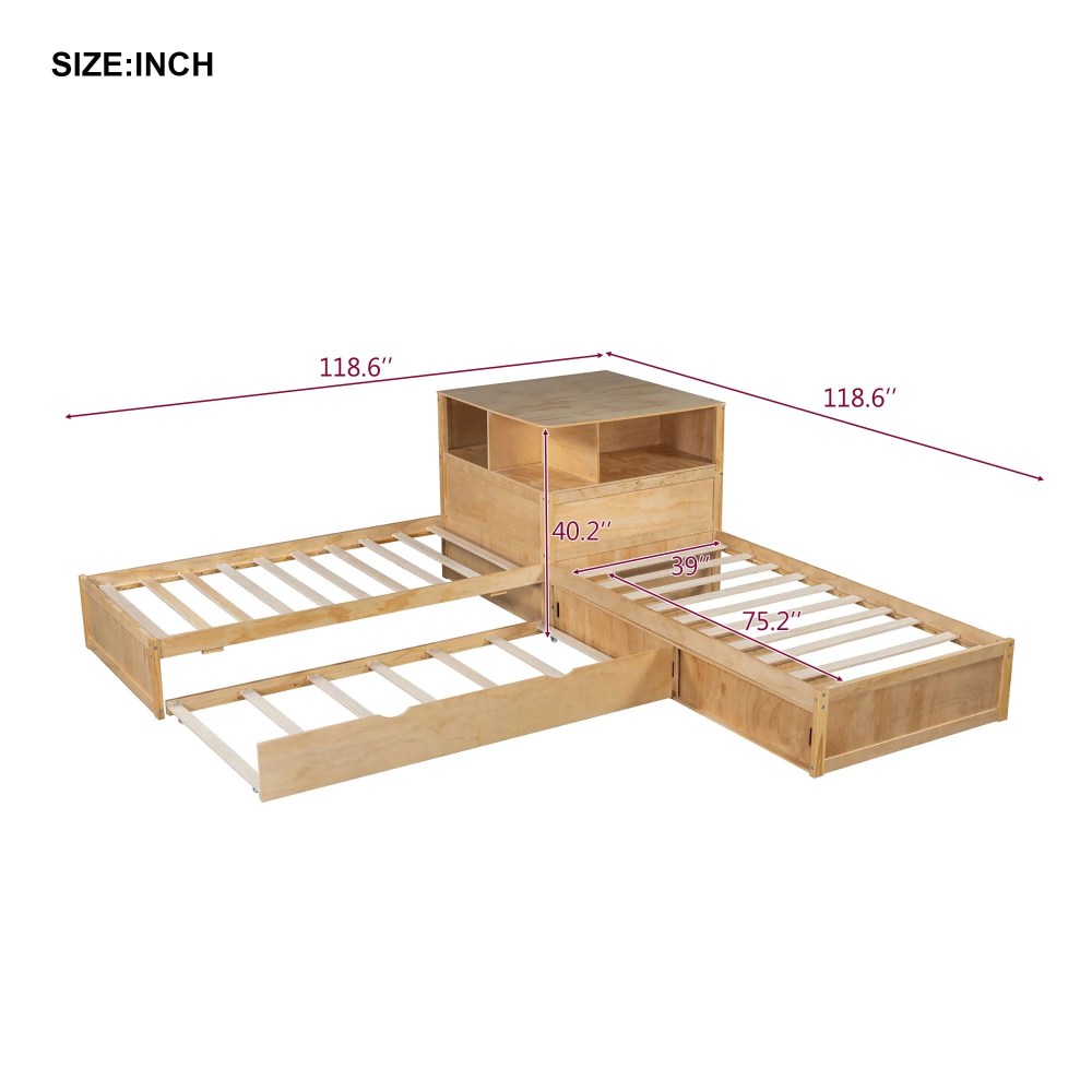 Euroco Pine Wood L-Shaped Twin Platform Bed with Storage Desk, Cabinets, Trundle and LED Light for Kids Teens, Natural - Image 9