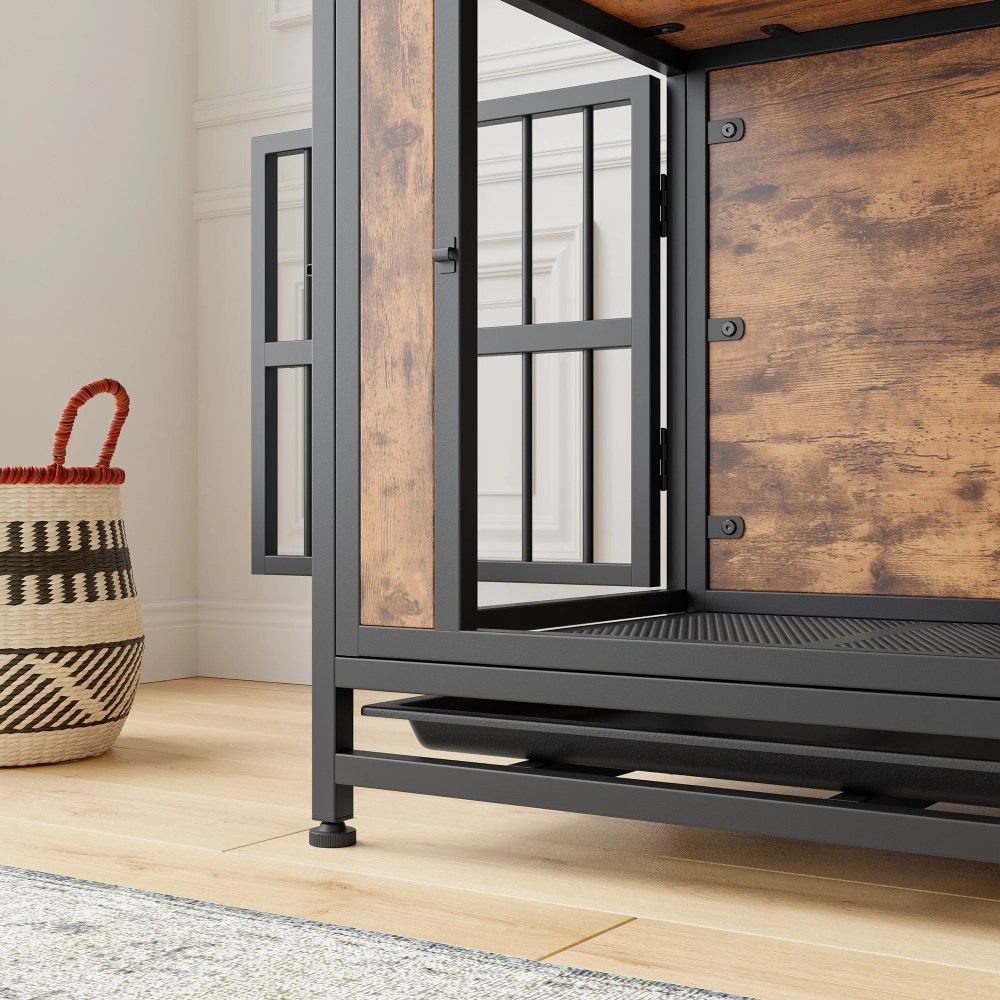 Pefilos 27.4" Furniture Style Dog Crates for Indoor, Pet Kennels with Removable Trays and 2 Sliding Doors, Heavy-Duty Dog Cage, Brown - Image 4