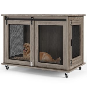 AODAILIHB 40" Wooden dog kennel, Indoor Dog Kennel Furniture with Sliding Doors,  Wheeled Pet Furniture for Large Pet
