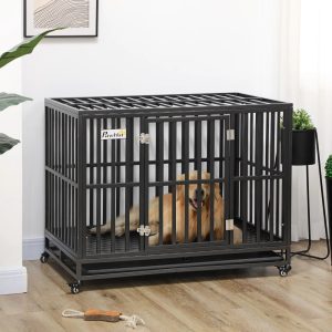 PawHut Heavy Duty Dog Crate Metal Kennel and Cage Dog Playpen with Lockable Wheels,  Slide-out Tray and Anti-Pinching Floor,  45" x 29.5" x 35"