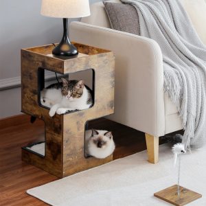 Pefilos 23" Wood Cat House Furniture for Indoor Cats,  Modern Cat Tree Tower Bed with Free Cat Toy,  Scratching Pad and Removable Soft Mats,  Small Cat Condo,  Brown