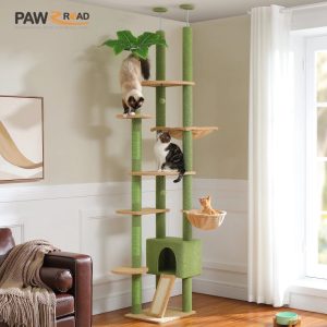 PAWZ Road 90.5-100.4" Floor to Ceiling Cat Tree Tower,  Adjustable Climbing Tree for Indoor Cats,  Green