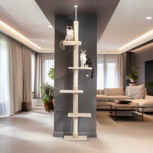 Demi Bonn Cat Tree Tower Interactive Adjustable 90"-108" Tall,  5-Tier Floor to Ceiling Cat Tower for Indoor Cats,  Beige