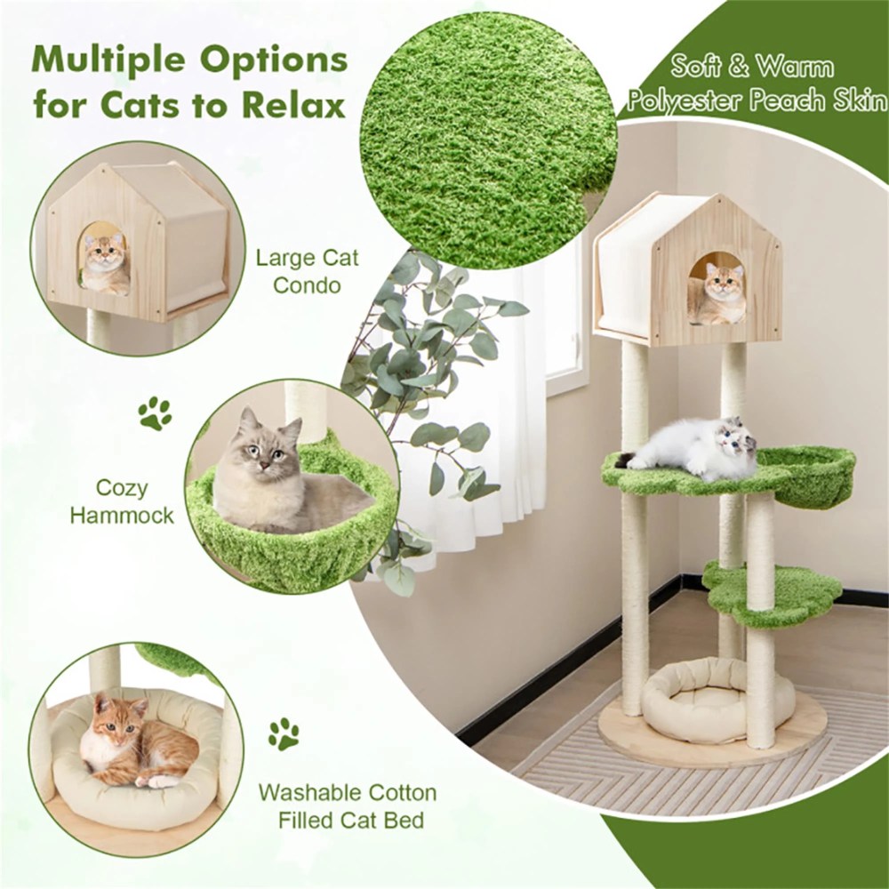 Pefilos 55" Cat Tree Condo for Multiple Cats Furniture Cat Tree House for Outdoor Cat Tower for Indoor Cats Large Pet Club, Beige - Image 2