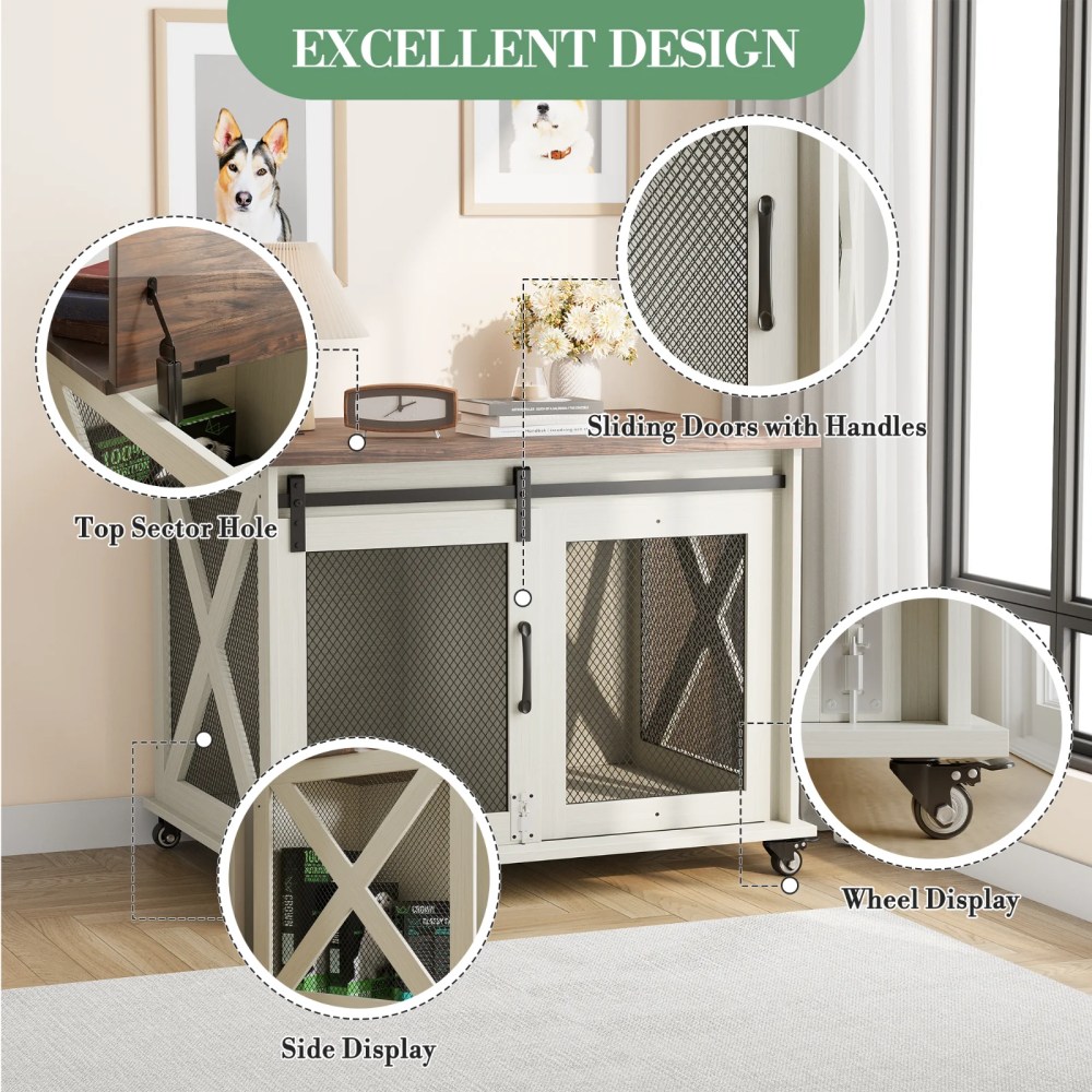 37" Stress-Free Dog Crate with Dual Access Sliding Barn Door & Flip Top Design Creates a Cozy Den for Your Pet - Image 5