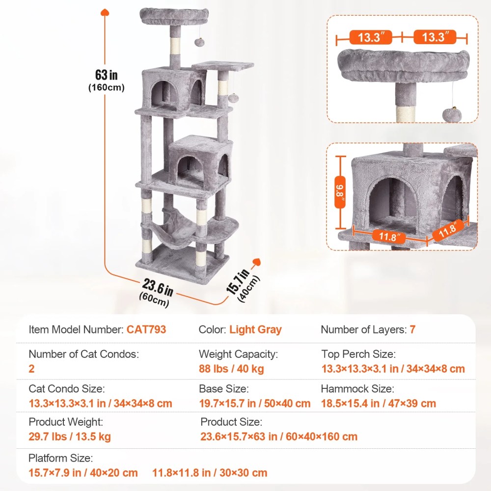 KFFKFF Feline Structure, 63" Feline Stand with Dual Kitty Houses, Sisal Scratch Pole, Relaxing Swing, Elevated Lounging Spot, Leaping Stages, Spacious Cat Play Equipment with Dangling Sphere, Pale - Image 5