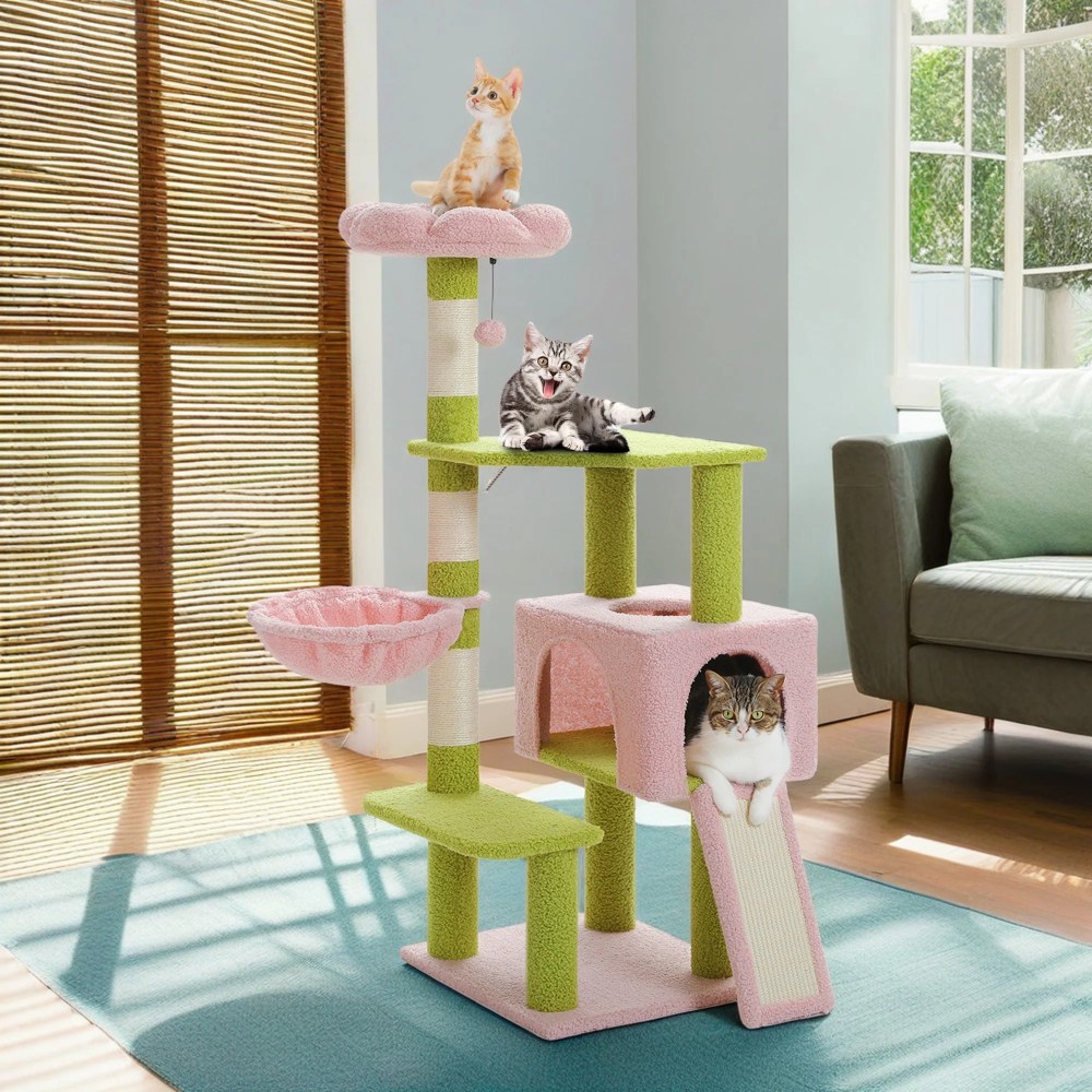 Pefilos 47" Flower Cat Tree Tower for Indoor Cats, Cat Condo with Pink Top Perch for Kittens, Cat Tree House with Sisal Scratching Posts, Pink - Image 7