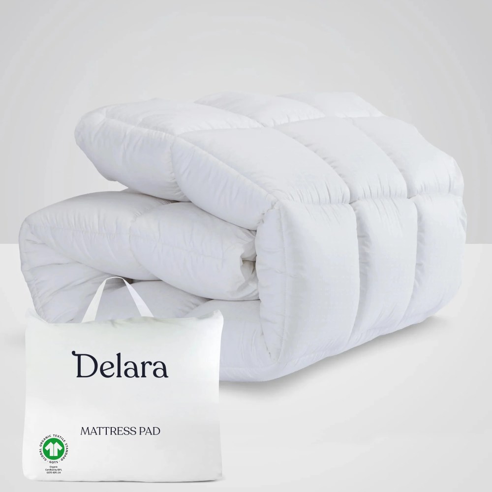 Delara King Organic Cotton Mattress Pad and Protector, Hypoallergenic Down Alternative, Waterproof TPU, Cooling, Noiseless, Mattress Topper & Cover