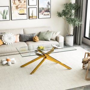 47.2" Rectangular Glass Coffee Table,Holaki Modern Tempered Glass Kitchen Table with Sturdy Metal Legs,Center Table Sofa Table for Living Room Small Space,Gold