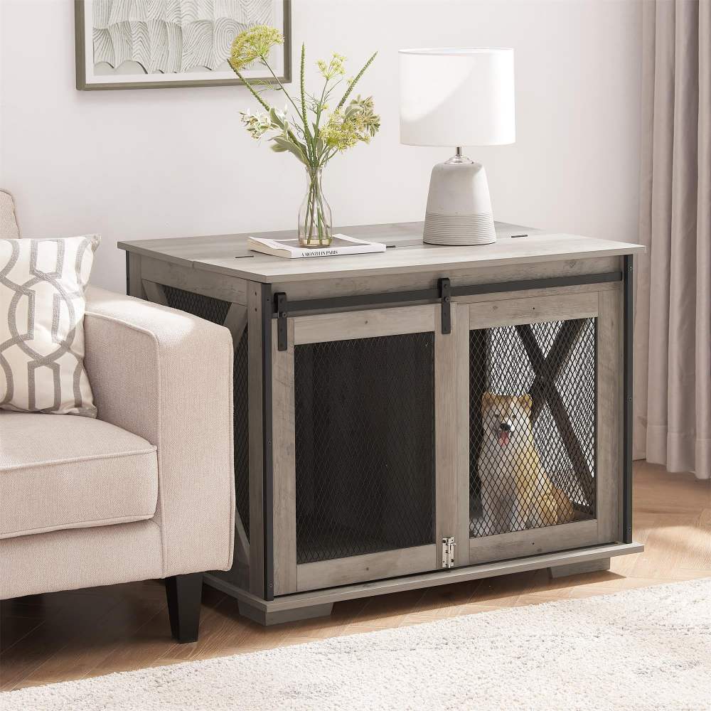 Pefilos 37" Wood Dog Crate Furniture, Heavy Dog Kennel Pet House with Sliding Barn Door, Indoor Dog Cage for Large Dogs, Gray - Image 6