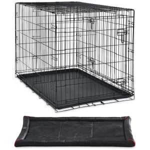 Vibrant Life Wire Dog Crate,  Double-Door,  Divider and Leak-Proof Tray,  Metal,  Foldable,  Durable,  Black,  42" with Durable and Water-Resistant Crate Mat,  Black,  42"