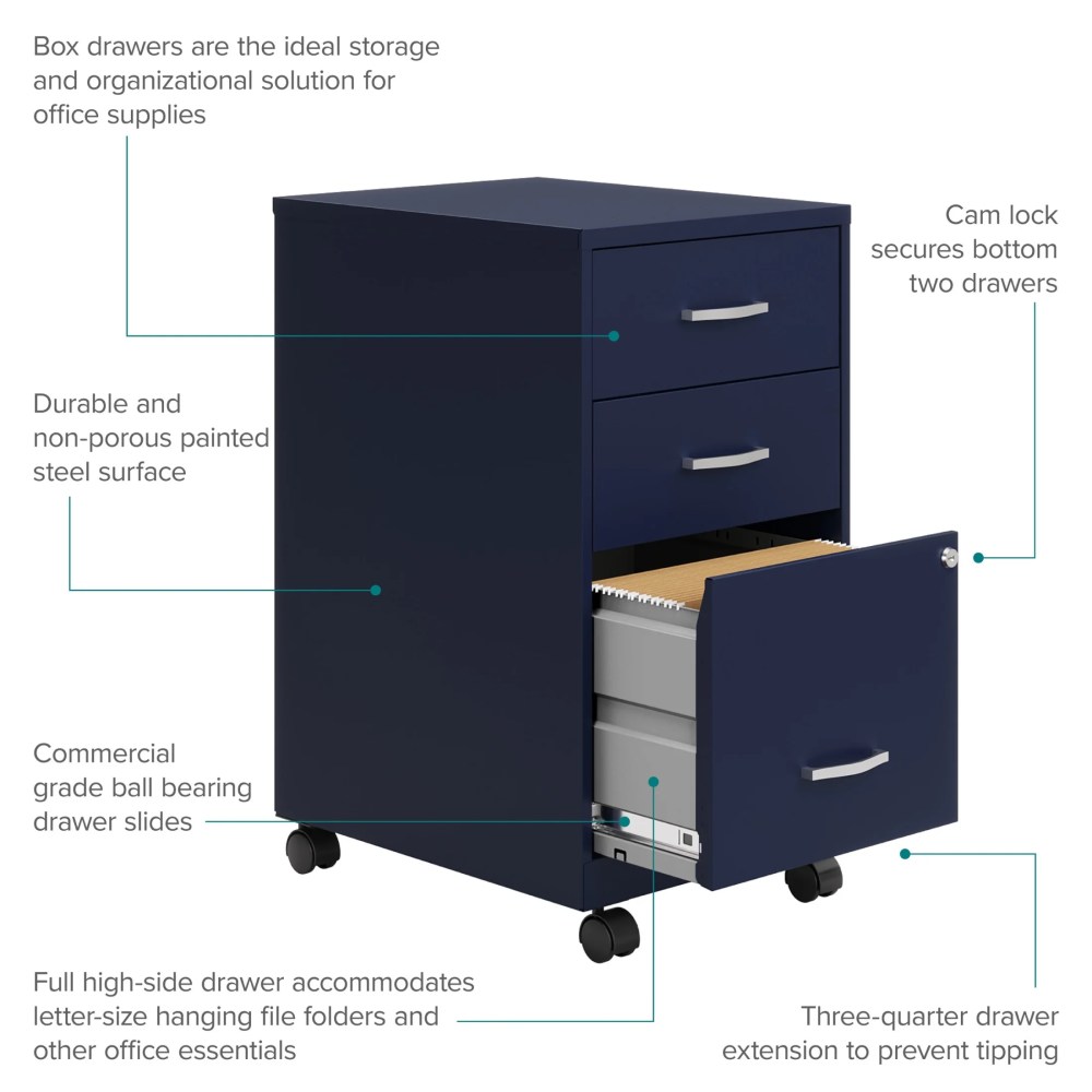 Space Solutions 18" Deep 3 Drawer Mobile Letter Width Vertical File Cabinet, Navy - Image 4