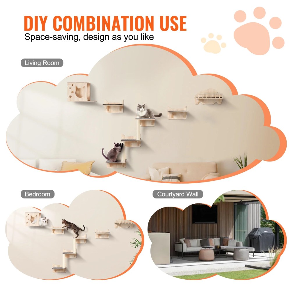 KFFKFF Set of 5 Cat Wall Mounts, Wall-Attached Cat Perches Up to 40 Lbs, Cat Wall Shelves for Resting, Engaging, Ascending - Image 8