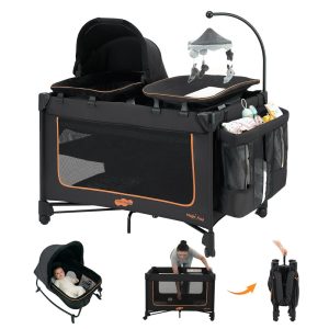 Pamo Babe Baby Playard Magic Fold 1 Step Bassinet & Changing Table for Newborn, 4-Panels (Black)