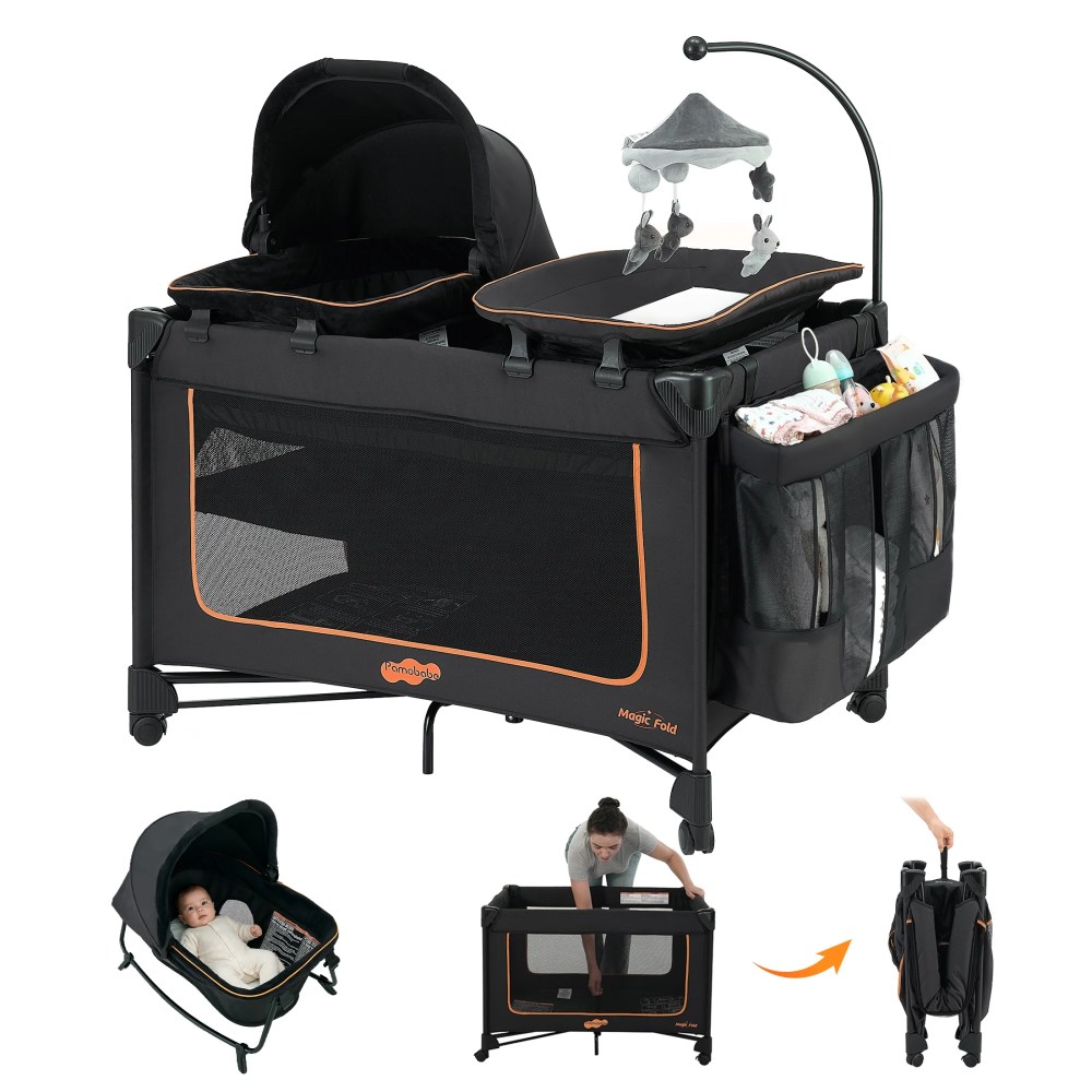 Pamo Babe Baby Playard Magic Fold 1 Step Bassinet & Changing Table for Newborn, 4-Panels (Black)
