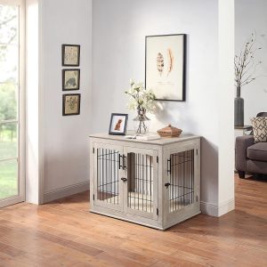 Unipaws Pet Crate End Table,  Double Doors Wooden Wire Dog Kennel with Pet Bed,  Large Dog Crate