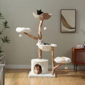 PAWZ Road 59" Modern Cat Tree Natural Branch Cat Tower Luxury Furniture with Scratching Posts for Large Cats, White