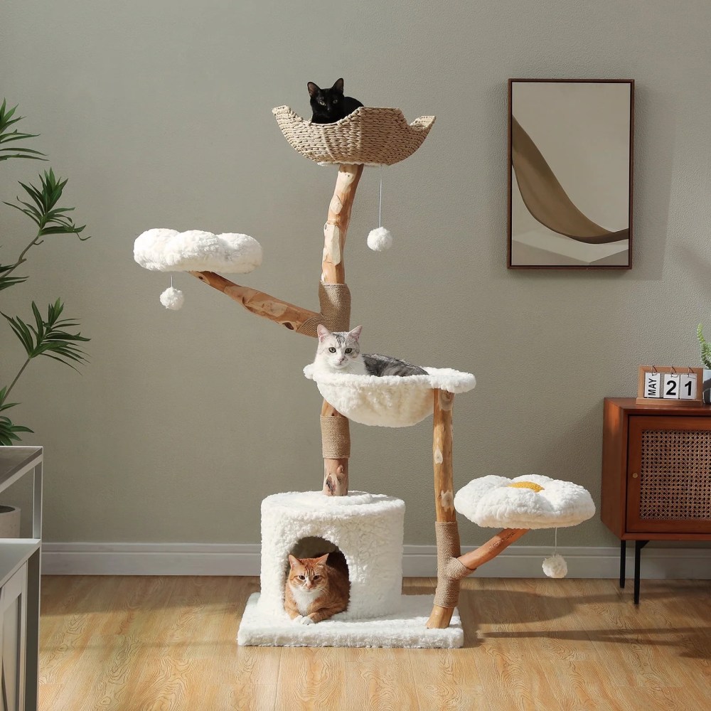 PAWZ Road 59" Modern Cat Tree Natural Branch Cat Tower Luxury Furniture with Scratching Posts for Large Cats, White