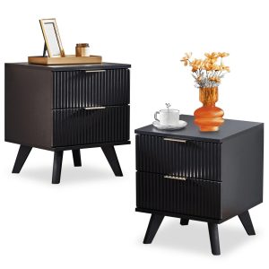 YOCWO Fluted Nightstand for Bedroom Set of 2 ,Wood Bedside Table Set of 2 with Drawers,Black