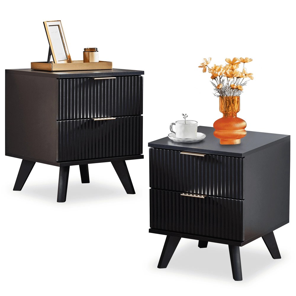 YOCWO Fluted Nightstand for Bedroom Set of 2 ,Wood Bedside Table Set of 2 with Drawers,Black
