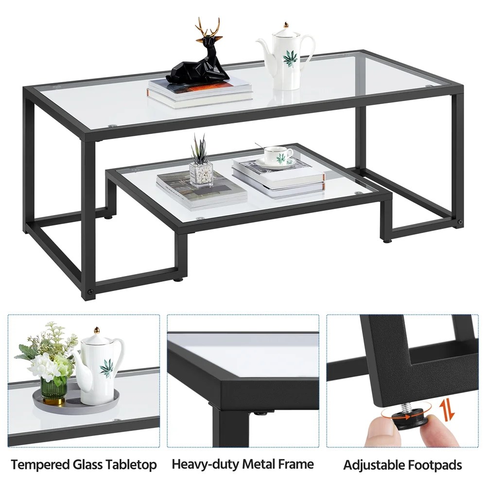 Alden Design Modern Glass Coffee Table with Metal Frame, Black - Image 4