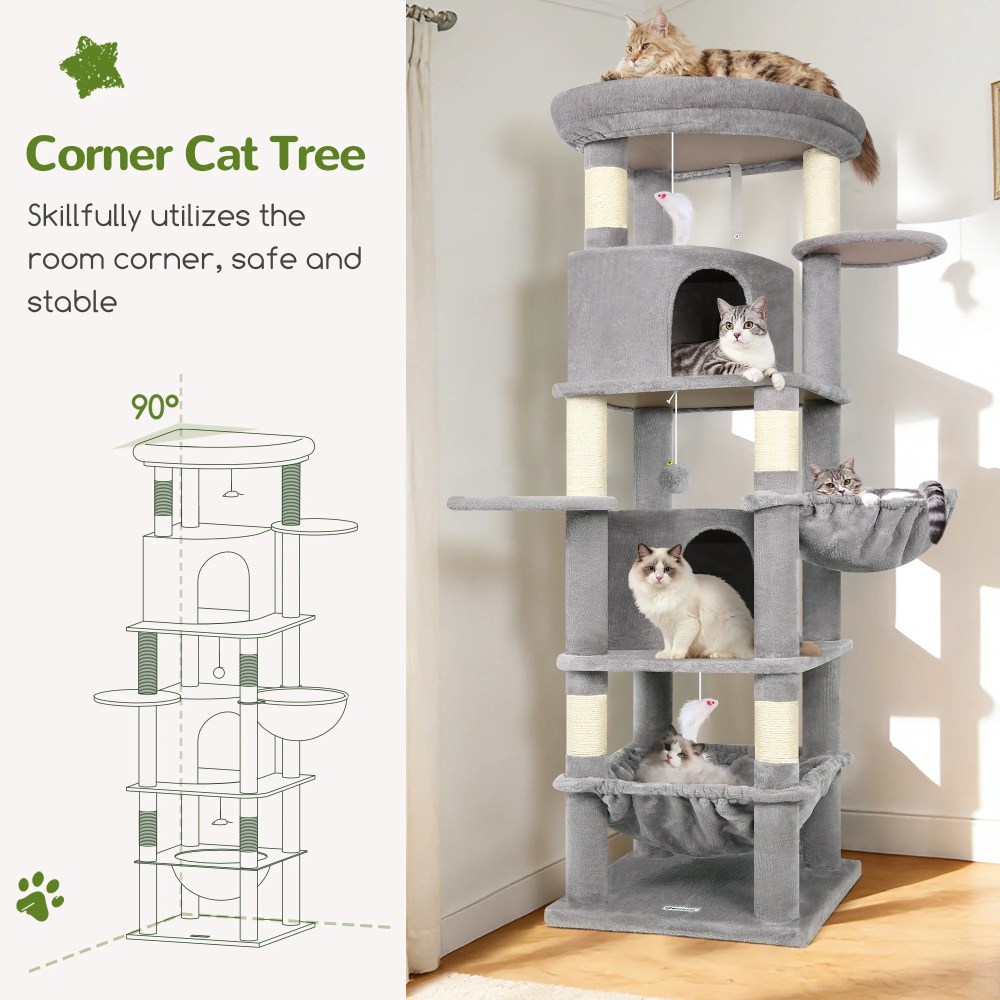 Globlazer 68" XL Corner Cat Tree Tower Condo for Large Cats - 6 Sisal Scratching Posts, 2 Condos, Hammock & Hanging Basket, Light Grey - Image 8