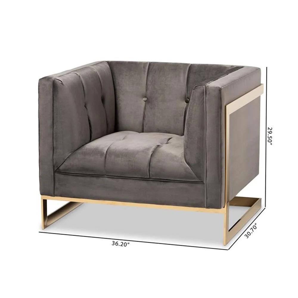 Baxton Studio Ambra Glam and Luxe Grey Velvet Fabric Upholstered and Button Tufted Armchair with Gold-Tone Frame - Image 3