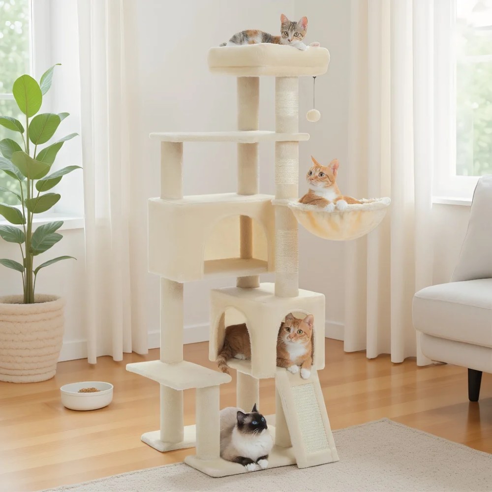 Pefilos 51" Cat Tree for Indoor Cats, Cat Tower with 2 Cozy Condos, Top Perch, Hammock, Climbing Ladder, Beige
