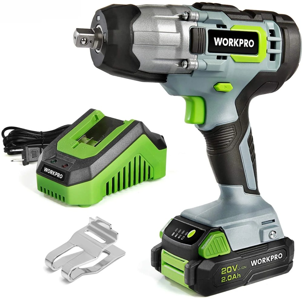 WORKPRO 20V Cordless Impact Wrench,1/2-inch,320 Ft Pounds Max Torque,2.0Ah Li-ion Battery with Fast Charger,Belt Clip for Easy Carrying