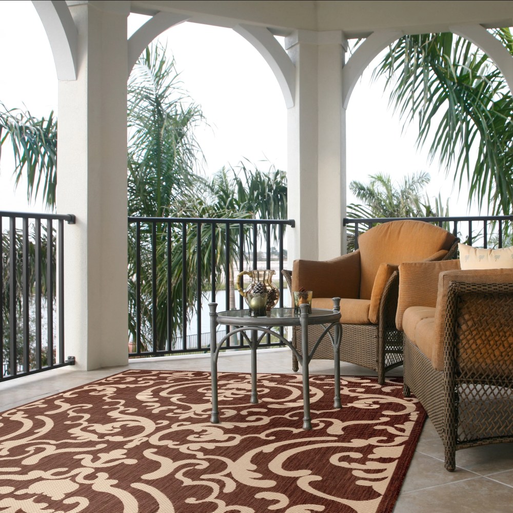 Safavieh Courtyard Dara Damask Indoor/Outdoor Area Rug, Chocolate/Natural, 6'7" x 6'7" Square - Image 10