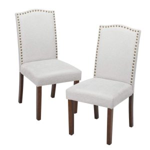 wOod-it Elegant Upholstered Dining Chair with Parsons Nailhead Trim and Wood Legs for Living Room Fine Dining Restaurant, White(2PCS)