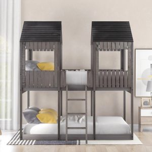 Euroco Wood Full over Full House Bunk Bed with Roof Design, Antique Gray