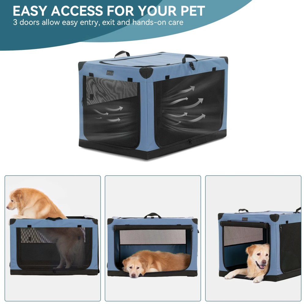 Petsfit 36 Inch Portable Large Dog Kennel, Adjustable Fabric Cover by Spiral Iron Pipe, Soft Collapsible Dog Crate Blue - Image 4