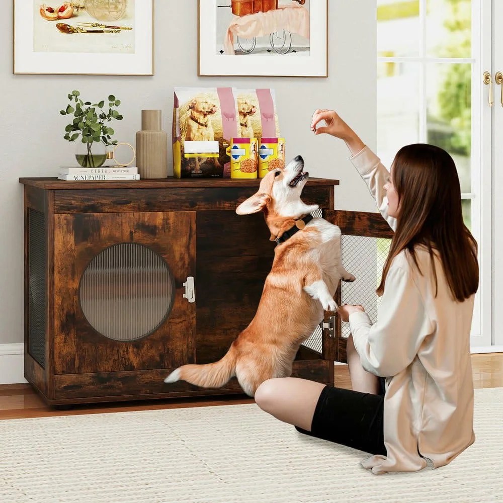 Resenkos Furniture-Style Dog Crate with Translucent Window and Lockable Door, Rustic Brown - Image 8