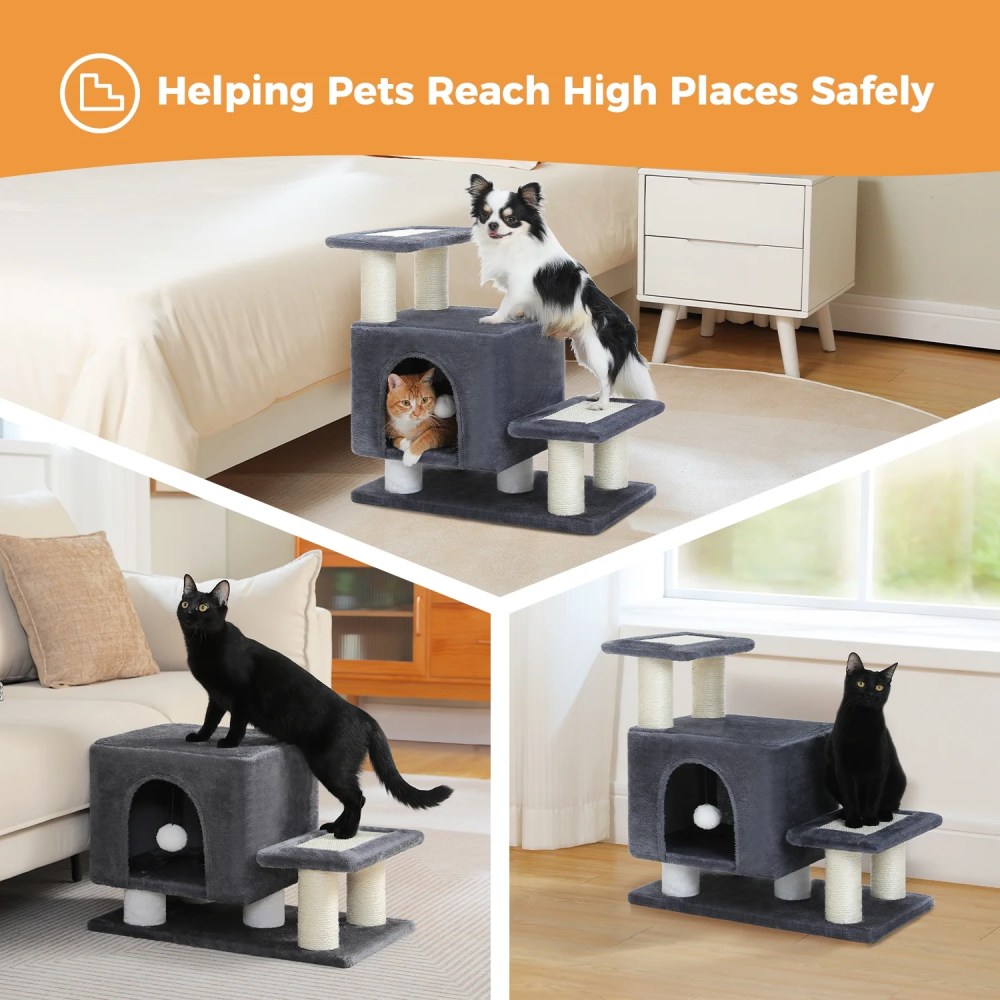 Pefilos 21" Cat Tree Tower with Scratching Post, 3-Step Pet Dog Stairs with Cat Condo for Small Dog, Gray - Image 5