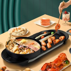 2 in 1 Electric Hot Pot Grill Teppanyaki Non-Stick Smokeless Barbecue Pan Grill 1100W Electric Smokeless Grill and Hot Pot BBQ Grill Soup Shabu Pot