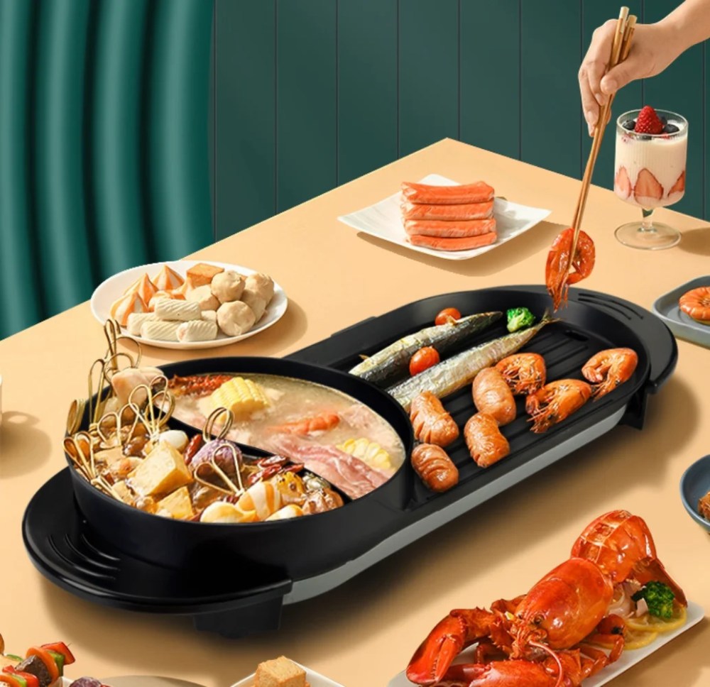 2 in 1 Electric Hot Pot Grill Teppanyaki Non-Stick Smokeless Barbecue Pan Grill 1100W Electric Smokeless Grill and Hot Pot BBQ Grill Soup Shabu Pot