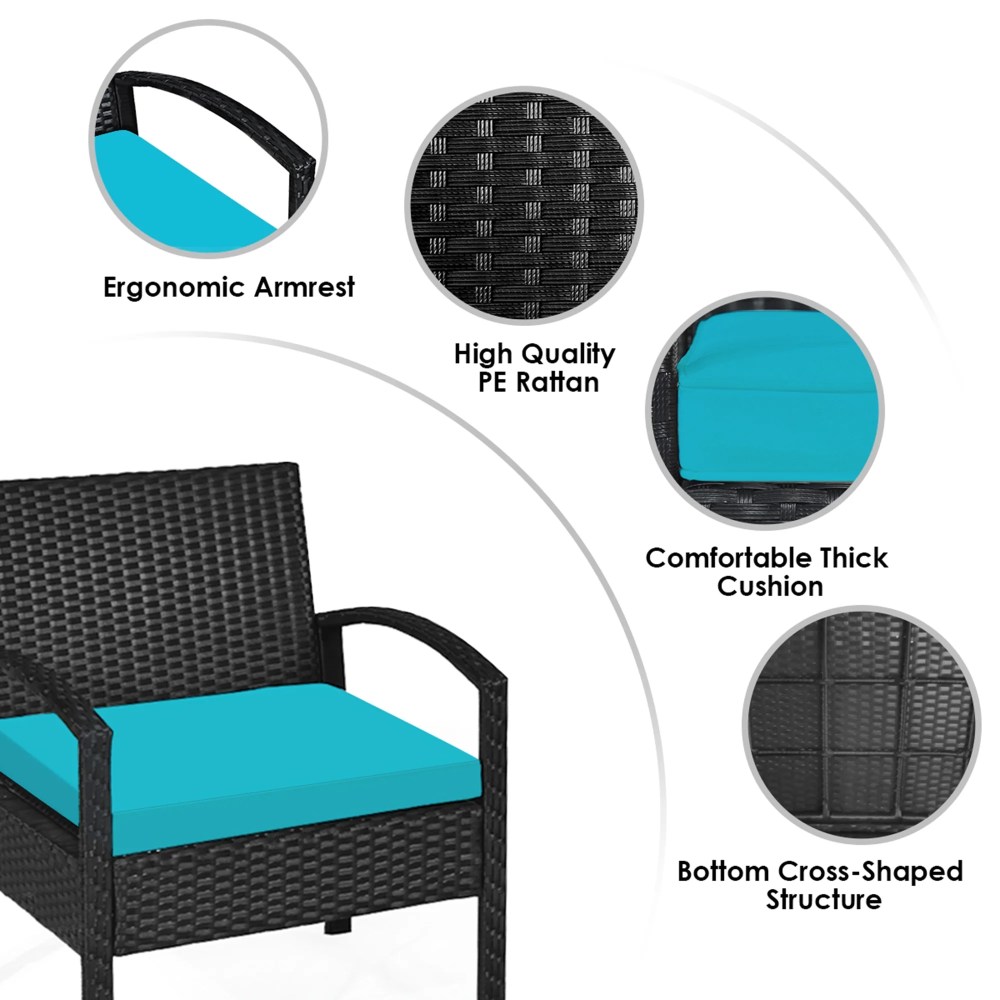 Gymax 3PCS Patio Rattan Conversation Furniture Set Outdoor Yard w/ Turquoise Cushions - Image 4