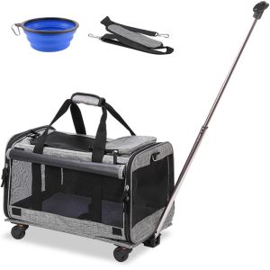 MEXMIODY Pet Carrier with Wheels, Airline Approved Dog Cat Carrier for Medium Small Dogs, Pet Travel Rolling Carrier, Telescopic Handle, Grey