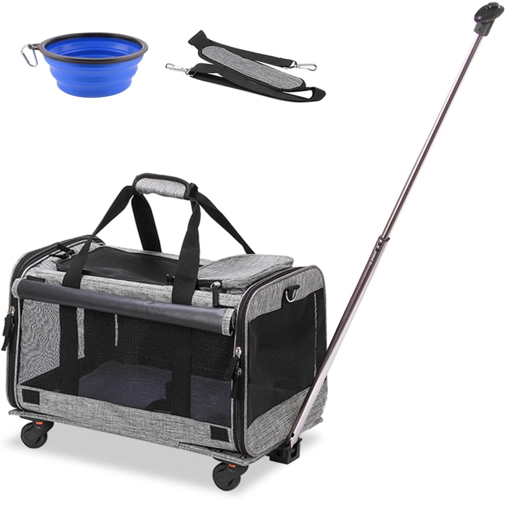 MEXMIODY Pet Carrier with Wheels, Airline Approved Dog Cat Carrier for Medium Small Dogs, Pet Travel Rolling Carrier, Telescopic Handle, Grey