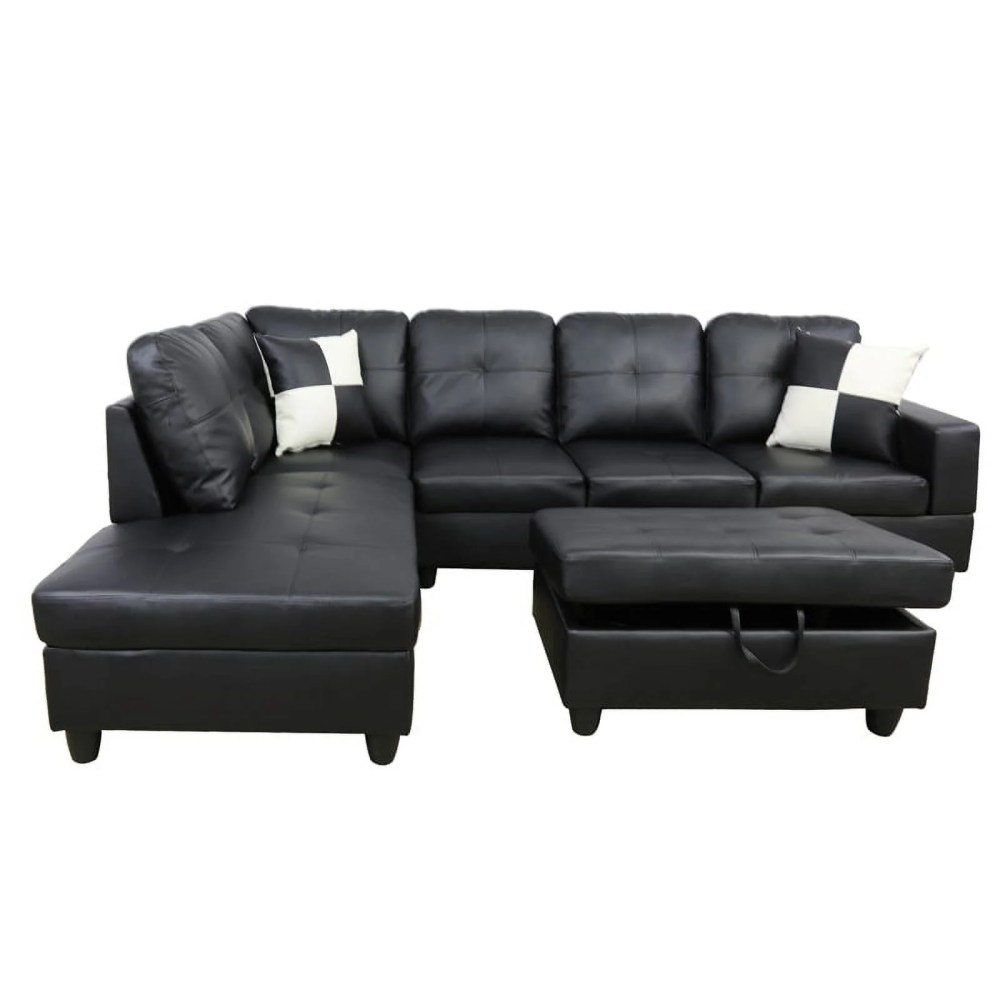 Hommoo Semi PU Leather Sectional Sofa, L Shaped Couch, Sectional Sofa Set for Small Space Living Room, Black(Without Ottoman) - Image 2