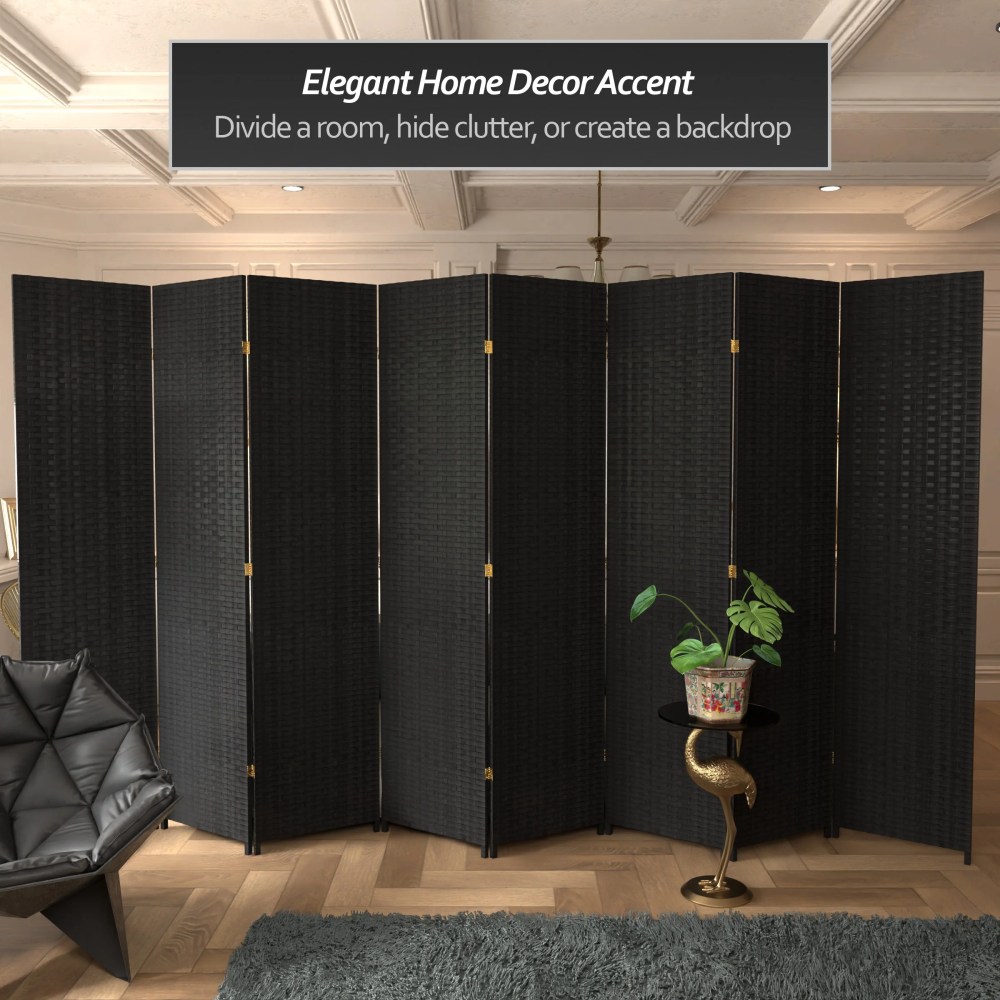 Red Lantern 7 ft. Tall Woven Fiber Folding Screen - Black - 8 Panel - Image 4