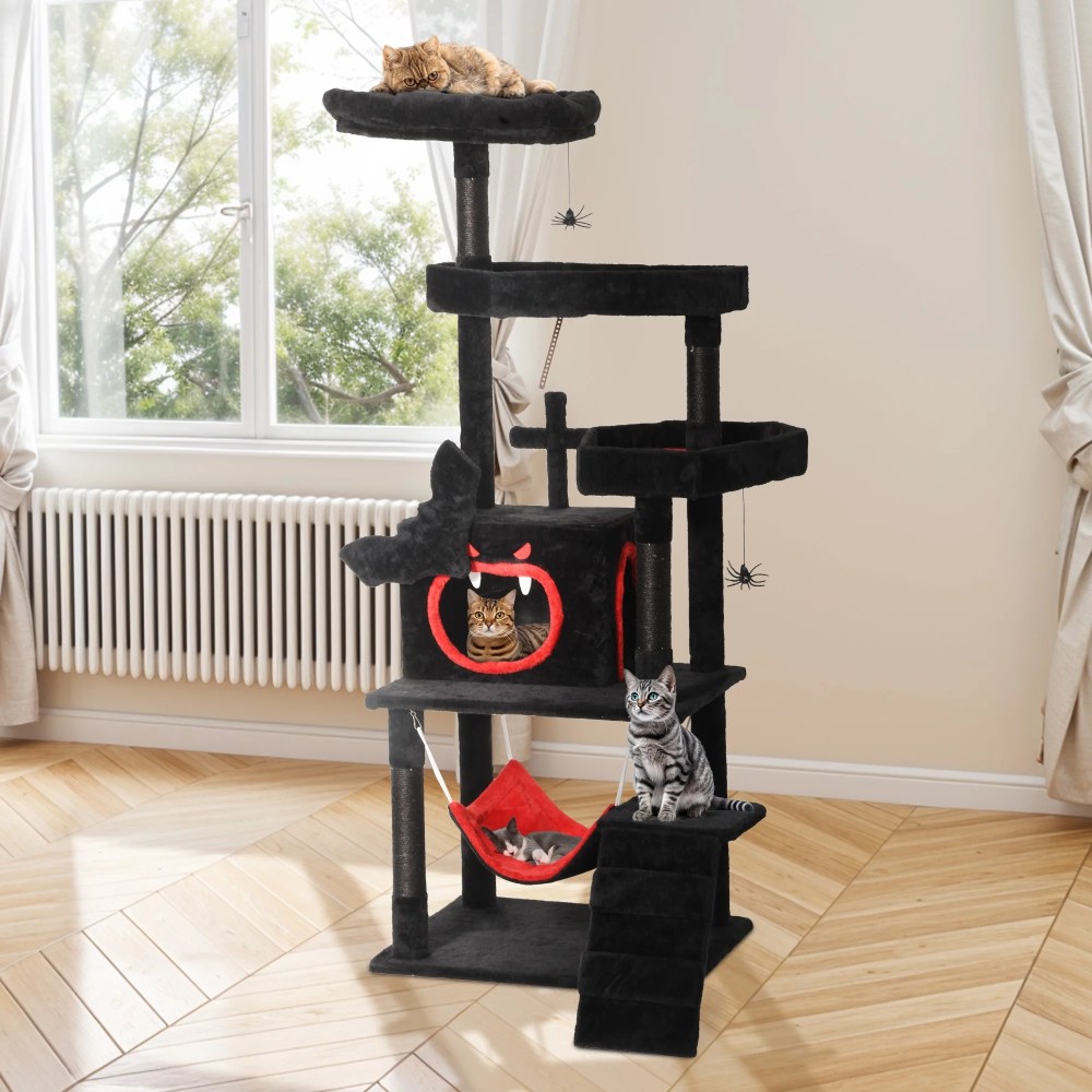 Uforic 63in Gothic Cat Tree with Coffin Bed, Tall Halloween Cat Tower for Indoor Cats with Top Perch & Sisal Scratching Posts, Black - Image 5