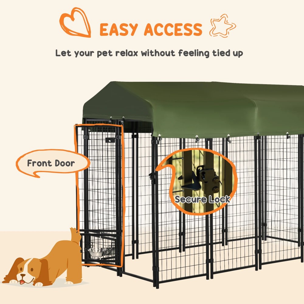 PawHut 8" x 4" x 6" Outdoor Dog Kennel with Rotating Bowl Holders, Walk-in Pet Playpen, Welded Wire Steel with Water and UV-Resistant Canopy, Green - Image 3