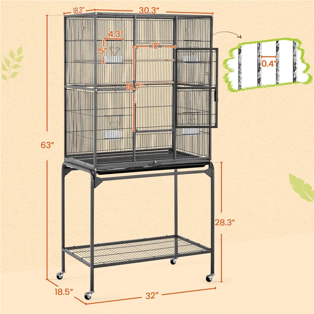 Renwick 63" Large Rolling Metal Parrot Cage with Detachable Stand, Black - Image 3