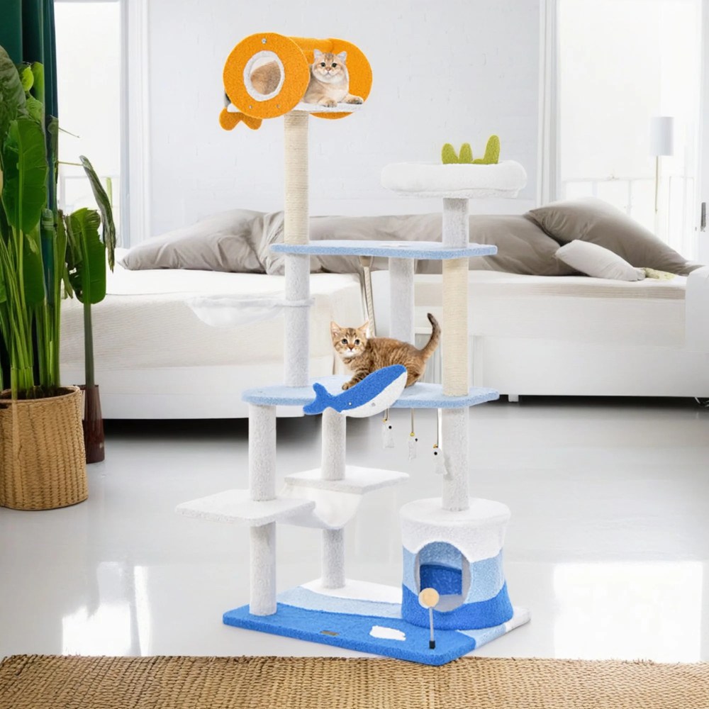 Demi Bonn 66" Cute Cat Tree Tower for Indoor Cats, Ocean World Cat Condo with Sisal Scratching Posts, Plush Perches, Kitten Cat Tree Tower Activity Center, Blue